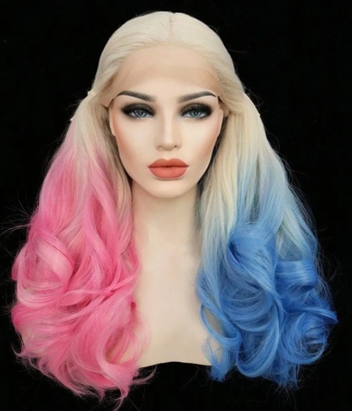 Blue Pink Bunches Long Wavy Synthetic Lace Front Wig  Harley Quinn1